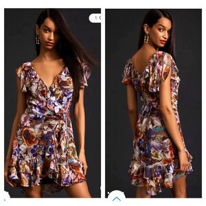Anthropologie Ruffled‎ floral Mini Wrap Dress size L poppy anemone artsy boho